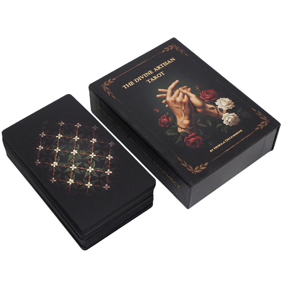 The Divine Artisan Tarot deck with soft-touch matte cards and gothic baroque visual style