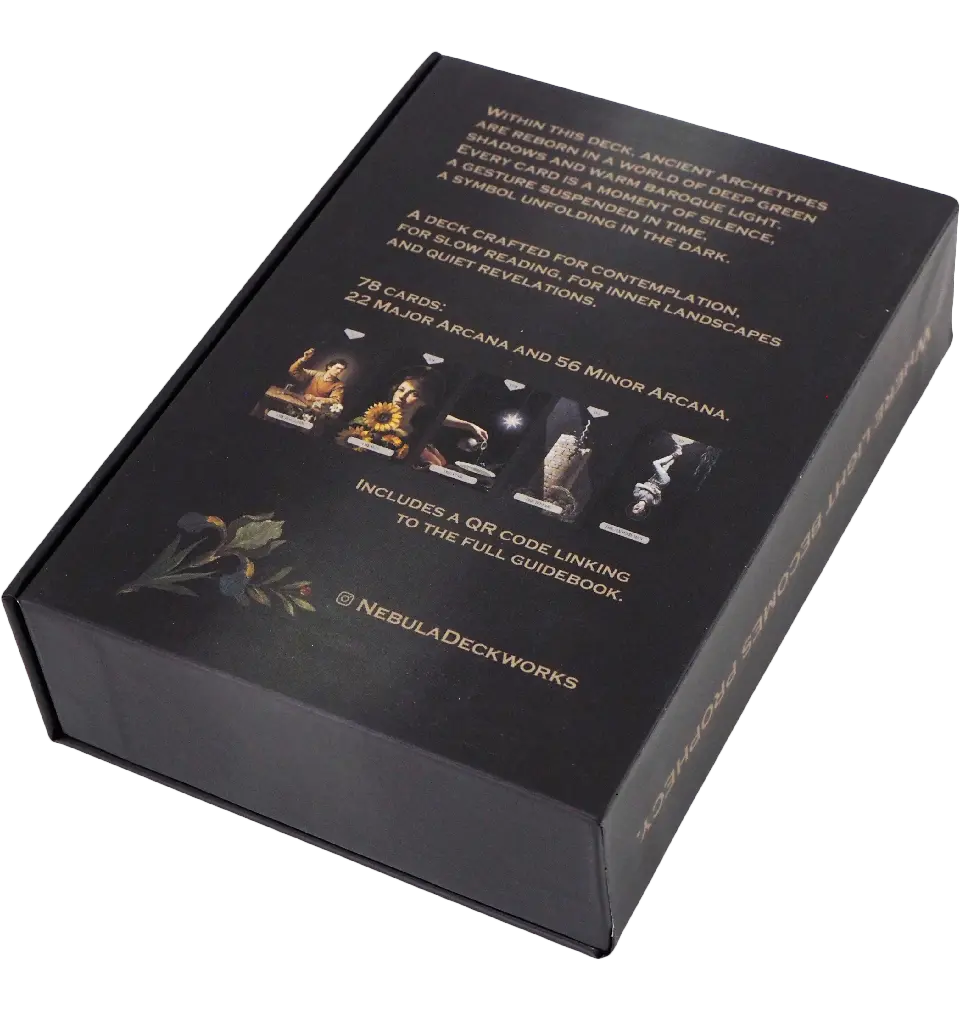 The Divine Artisan Tarot deck displayed with its magnetic flap box and full card set