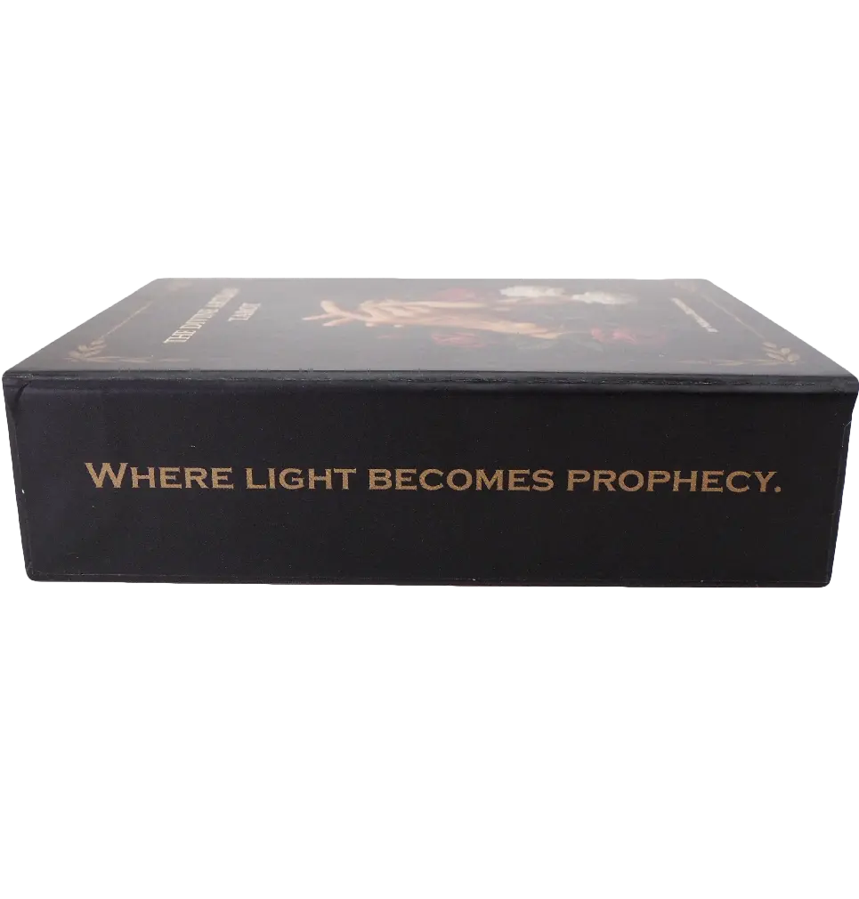 The Divine Artisan Tarot cards with matte black edges and dramatic light-and-shadow artwork