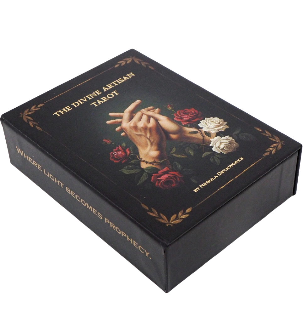 The Divine Artisan Tarot deck displayed with its magnetic flap box and full card set