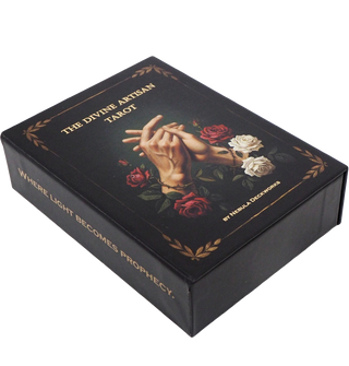 The Divine Artisan Tarot deck displayed with its magnetic flap box and full card set