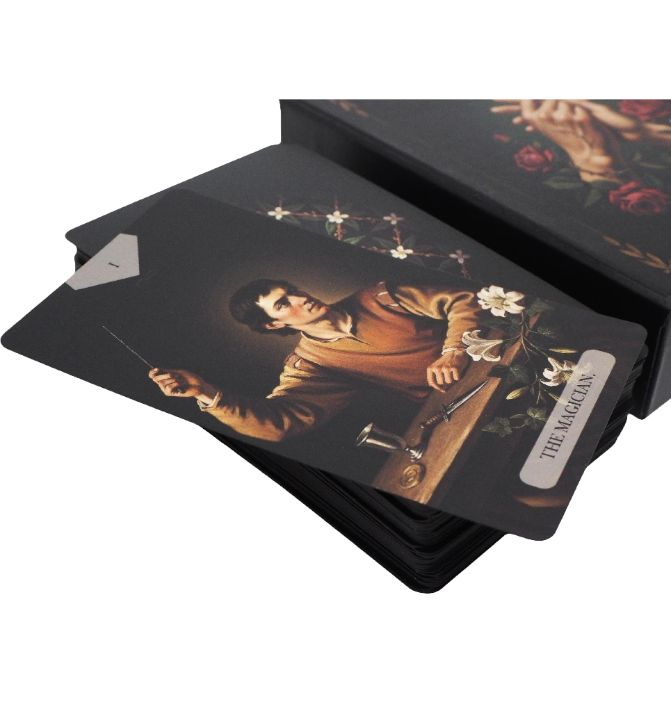 The Divine Artisan Tarot cards arranged to show the deck’s matte finish and black edges
