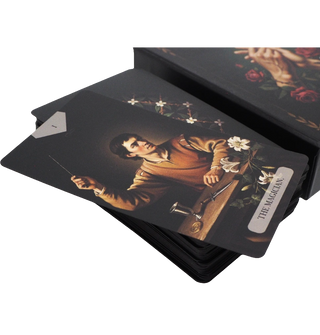 The Divine Artisan Tarot cards arranged to show the deck’s matte finish and black edges