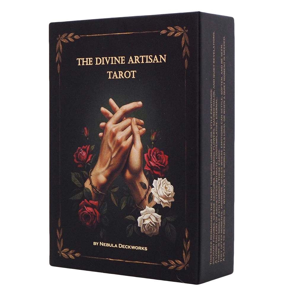 The Divine Artisan Tarot 78-card tarot deck with Baroque-inspired artwork, matte black edges, and premium magnetic box